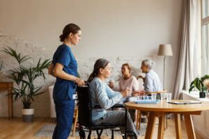 Senior couple sitting together in an assisted living apartment while a caregiver reviews separate care plans.